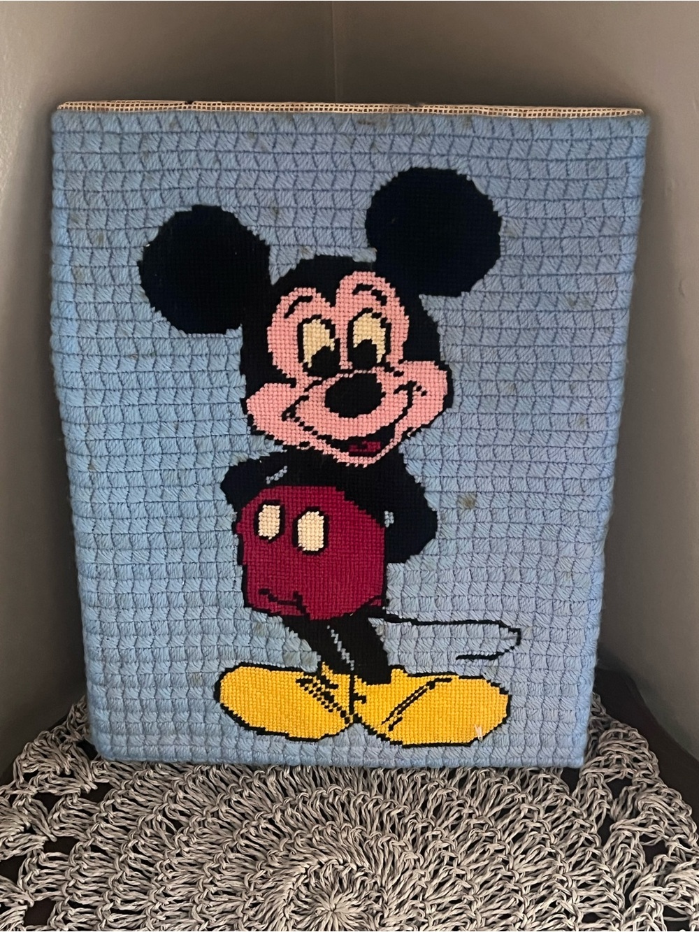 Vintage Blue Mickey Mouse Needlepoint Wall Panel NOT framed- flaws